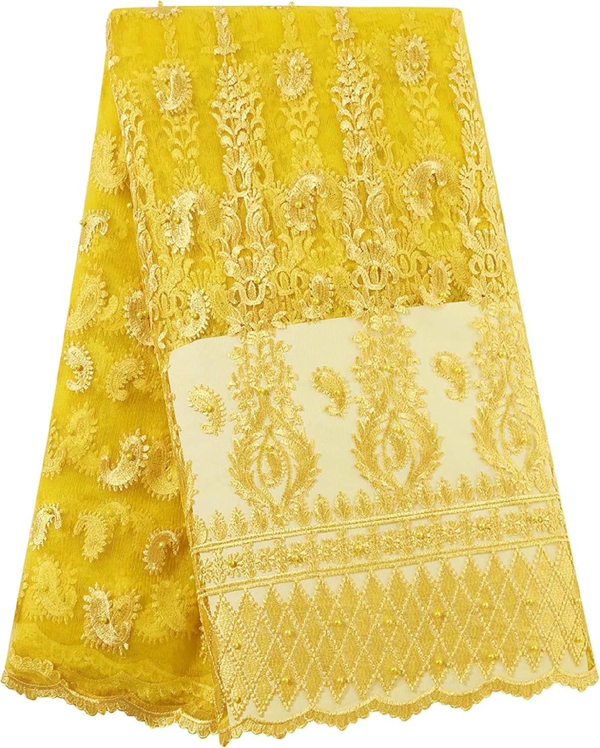 African Lace Fabric 5 Yards French Embroidered and Sequins Lace for Wedding, Gold 1