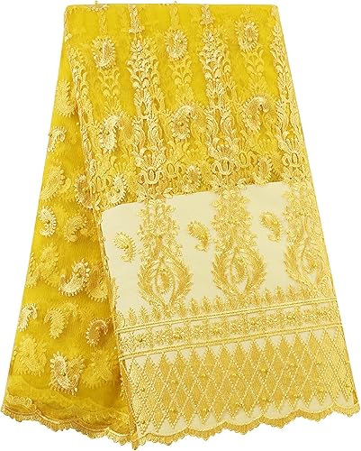 Tela de encaje africano de 5 yardas, encaje francés, bordado y diamantes de imitación, cordón de guipur para boda, amarillo