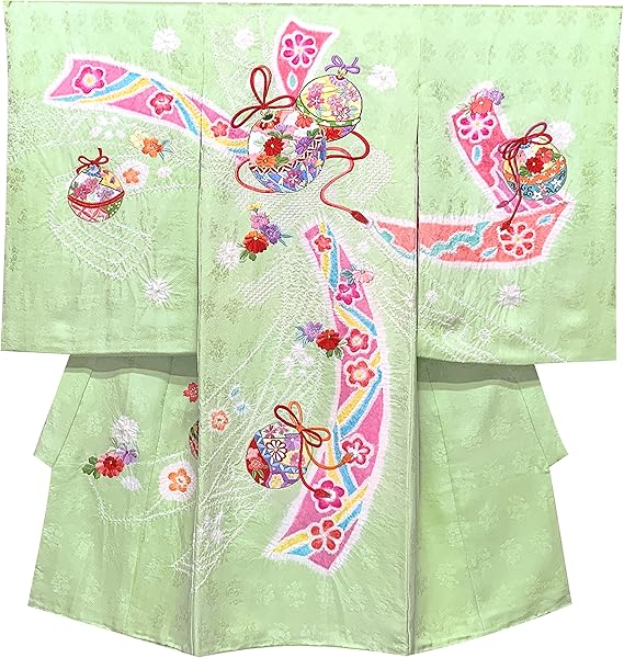 Amazon Co Jp 京都室町st お宮参り 女の子 着物 正絹 本絞り 総刺繍 日本製 赤ちゃんの初着 産着 掛け着 襦袢付き ひわ色 黄緑 鈴と束ね熨斗 Tnug147 ファッション