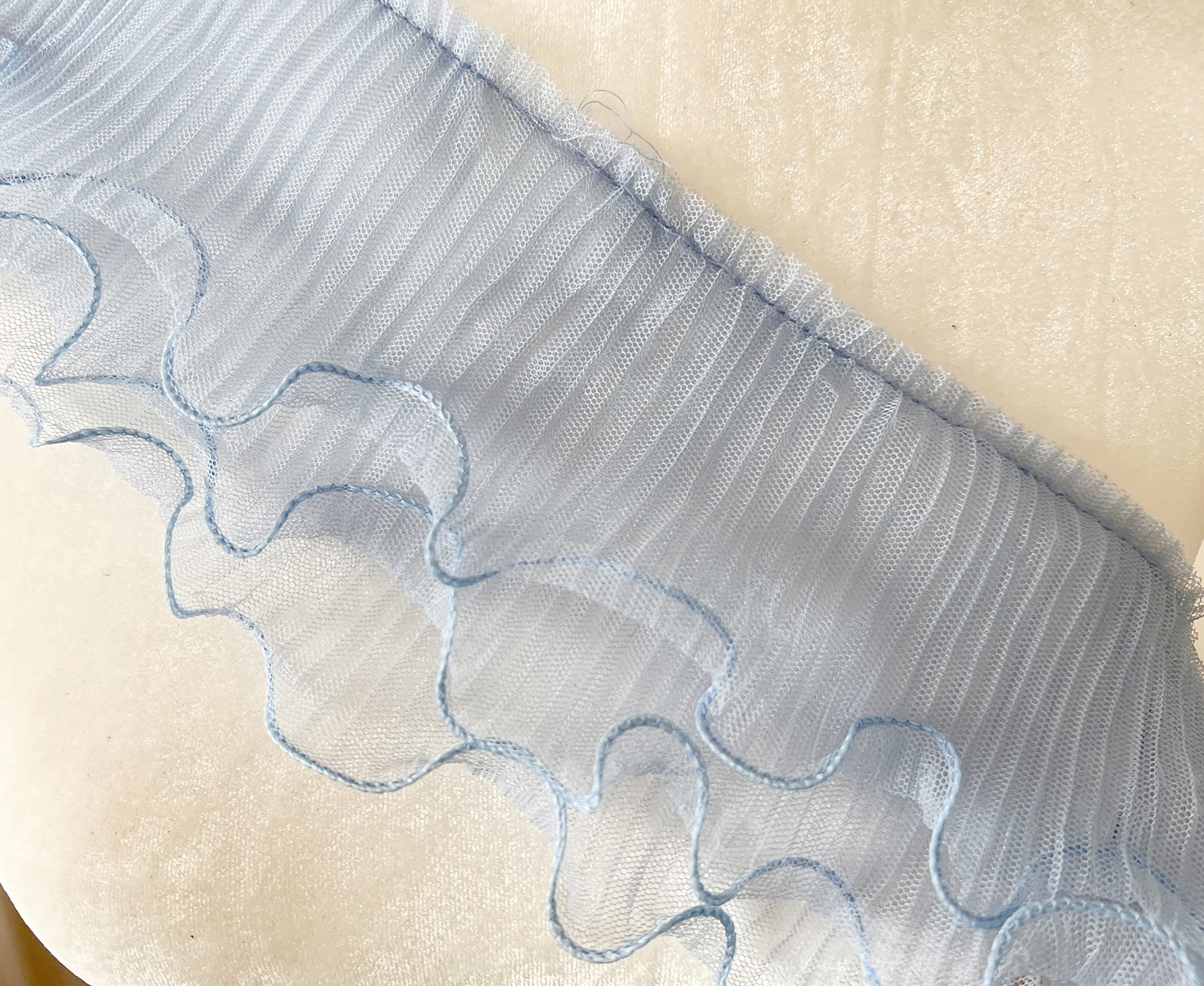 PEPPERLONELY 1 Yard 3-Layer Pleated Tulle Lace Chiffon Fabric Ribbon Fringe Elastic Ruffle Trim Dress Collar Cuffs DIY Sewing Material, 5 Inches Width, Blue