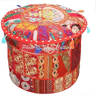 Stylo Culture Bohemian Pouffe Floor Pillow Cover Round Patchwork Embroidered Pouf Ottoman Red Cotton Floral Traditional Furniture Footstool Seat Puff (16x16x13) Bean Bag Home Decor