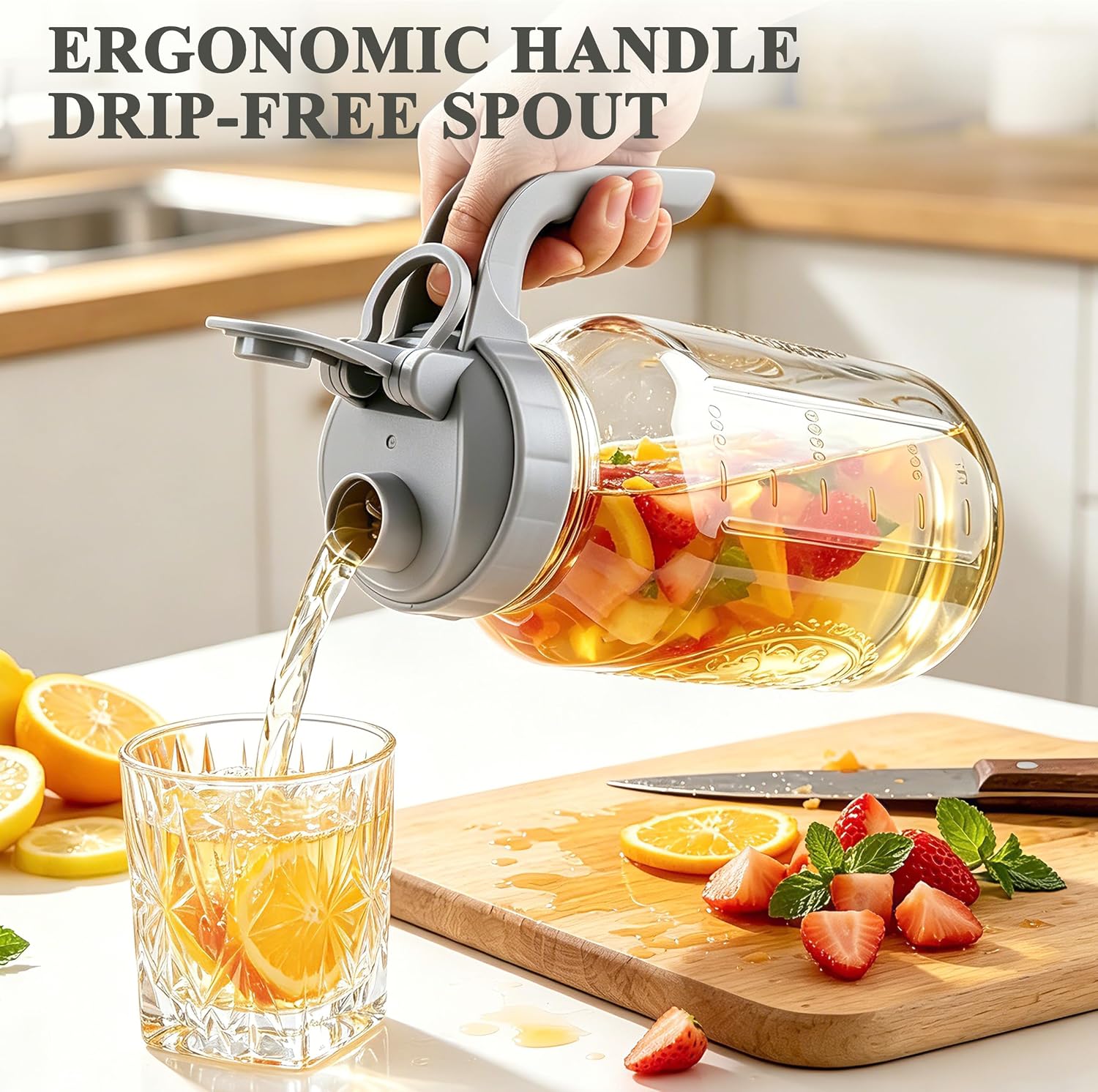 Glass Mason Jar Pitcher with Pour Spout Lid 64oz Wide Mouth Glass Pitcher