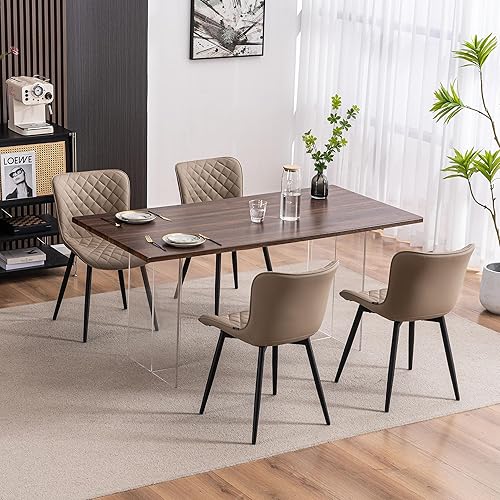 Miniatura 5 de YOUTASTE Juego de 2 sillas de comedor color caqui, modernas de mediados de siglo, tapizadas de piel sintética, tapizadas con diamantes, sillas de