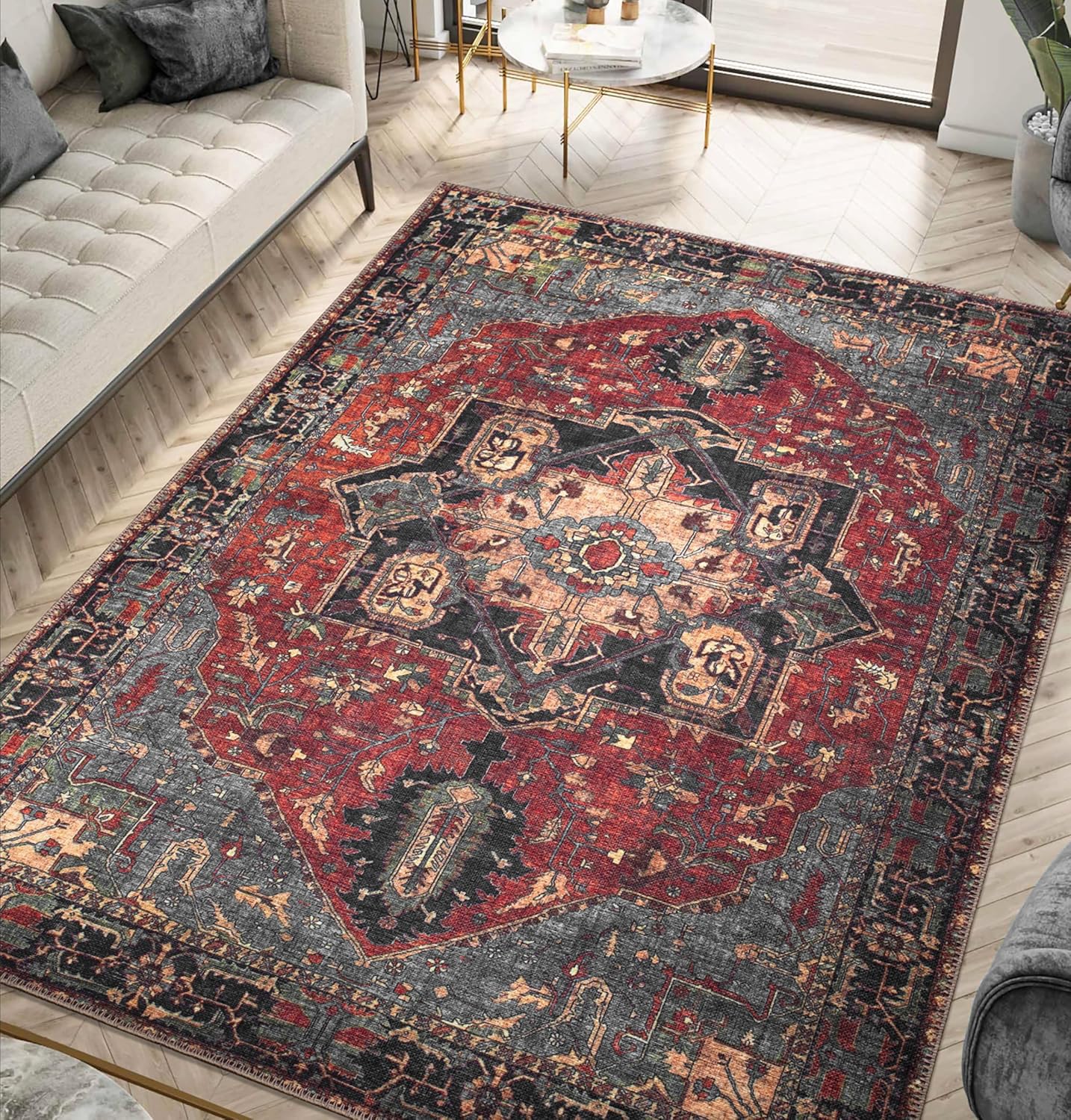 Tapis vintage 150x150 cm oriental rouge gris beige de salon