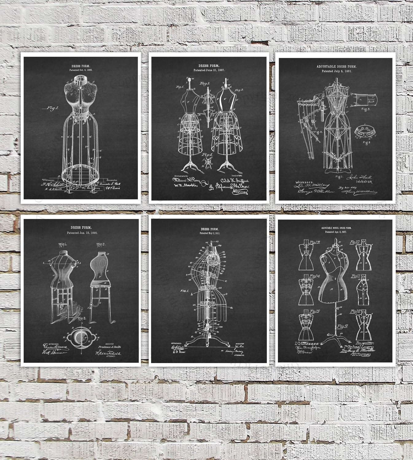 Dress Form Decor set of 6 Unframed Fashion Art Prints of Victorian Era Dress Form Invention Diagrams Dressform_Chk6A