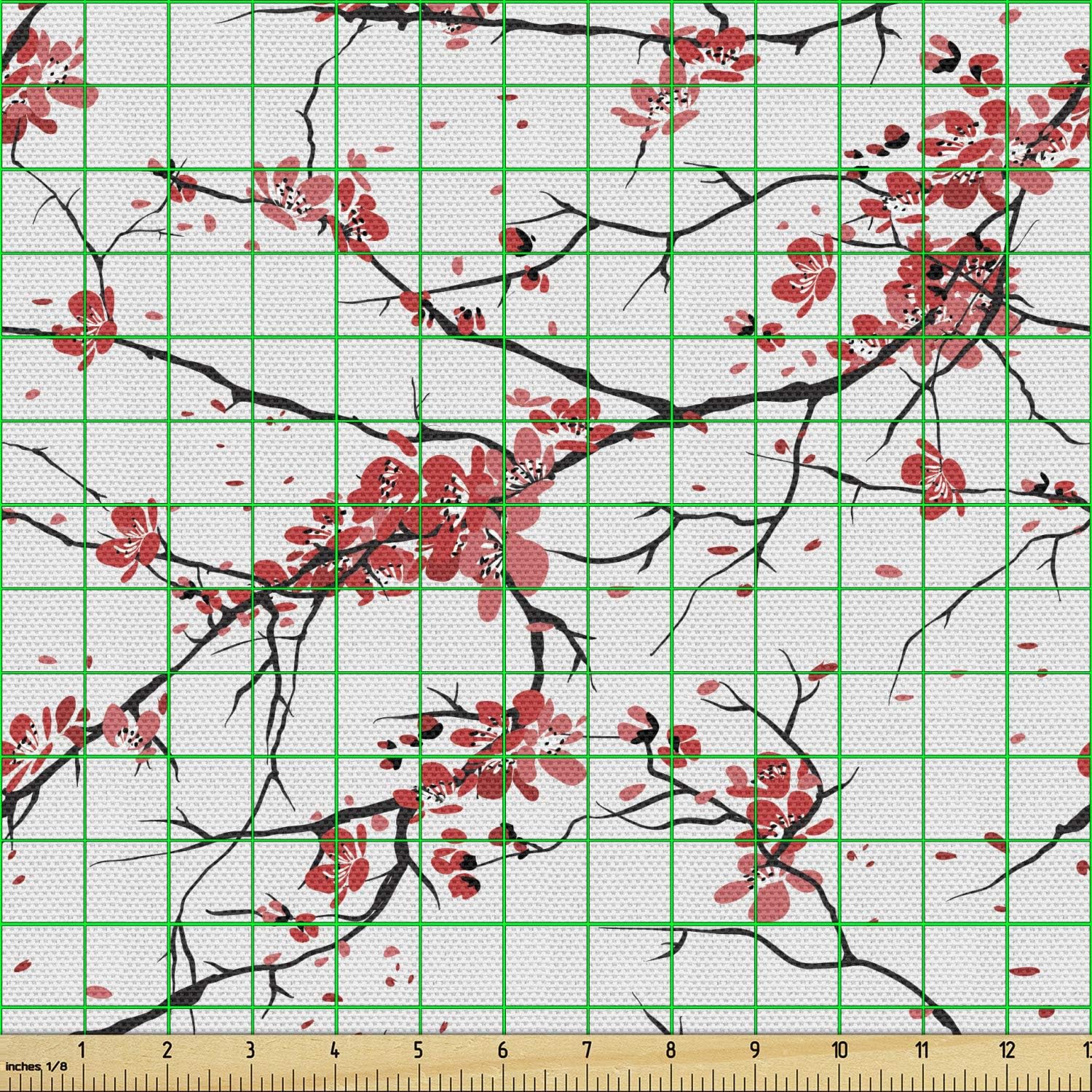 Ambesonne Nature Fabric by The Yard, Illustration of Sakura Branches Windy April Weather in Japanese Painting Style Art, Decorative Fabric for Upholstery and Home Accents, 3 Yards, Black Coral