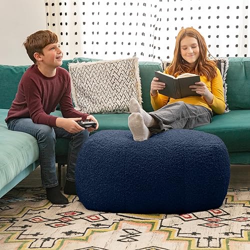 Miniatura 6 de Jaxx Ellis - Puf otomano de piel de oveja sintética para diseño interior moderno, ovalado, índigo