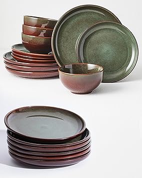 Pokini 12 Piece Dinnerware Set Includes 6 Piece Dinner Plate Set Combo Brown Green