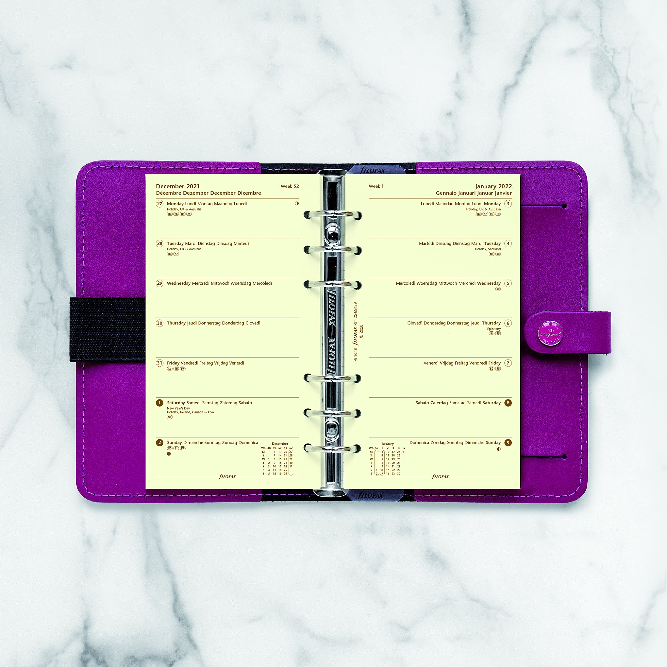 Filofax - Ricarica, formato personale/compatto, settimanale su una pagina, carta di cotone, senza righe, multilingue: cinque lingue, 2022 (C68439-22)