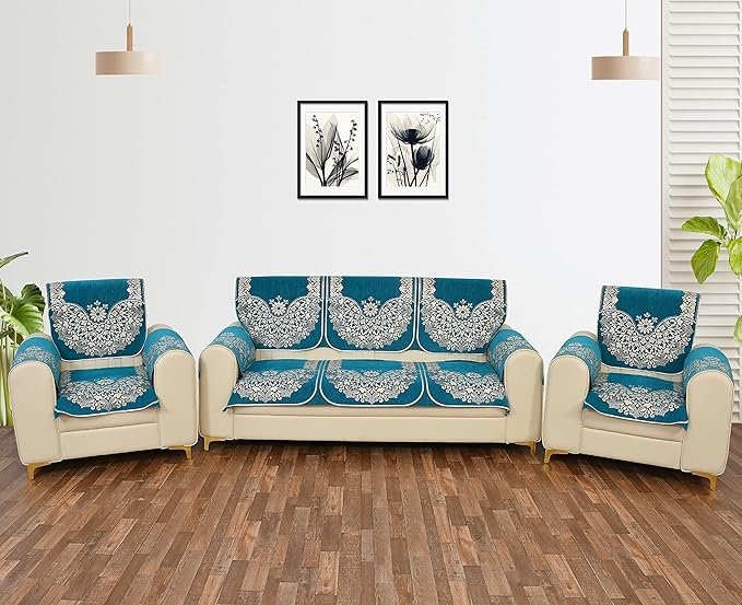 SAWNA HOMES Premium 5 Seater Velvet Chenille Printed Sofa Cover Set