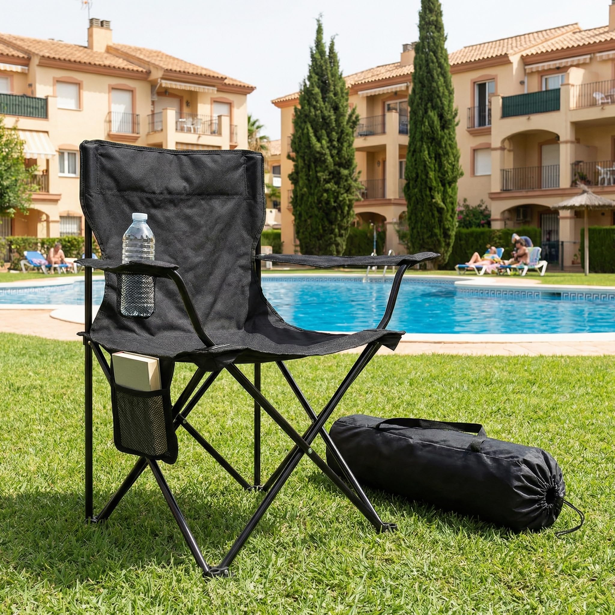 Silla Plegable de Camping con Respaldo y Reposabrazos 48x49x80 cm, Portavasos y Bolsillo, Ultraligera Portátil para Playa, Pesca, Jardín y Excursiones – Incluye Bolsa (Negro, Pack de 2) - 3