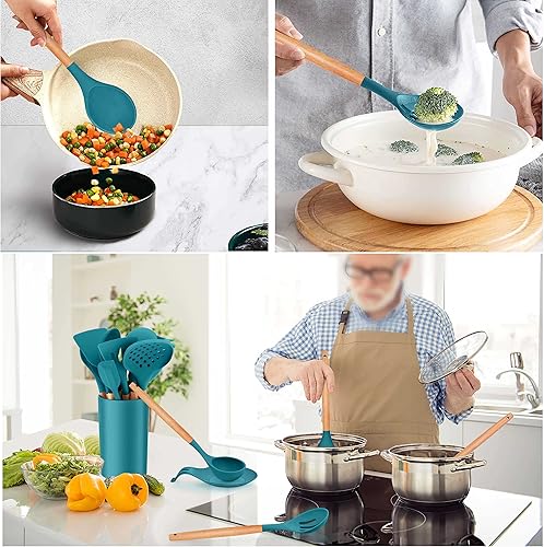 Miniatura 7 de Homikit 17 utensilios de cocina con soporte utensilios de silicona azul marino y verde azulado resistentes al calor juego de herramientas de cocina