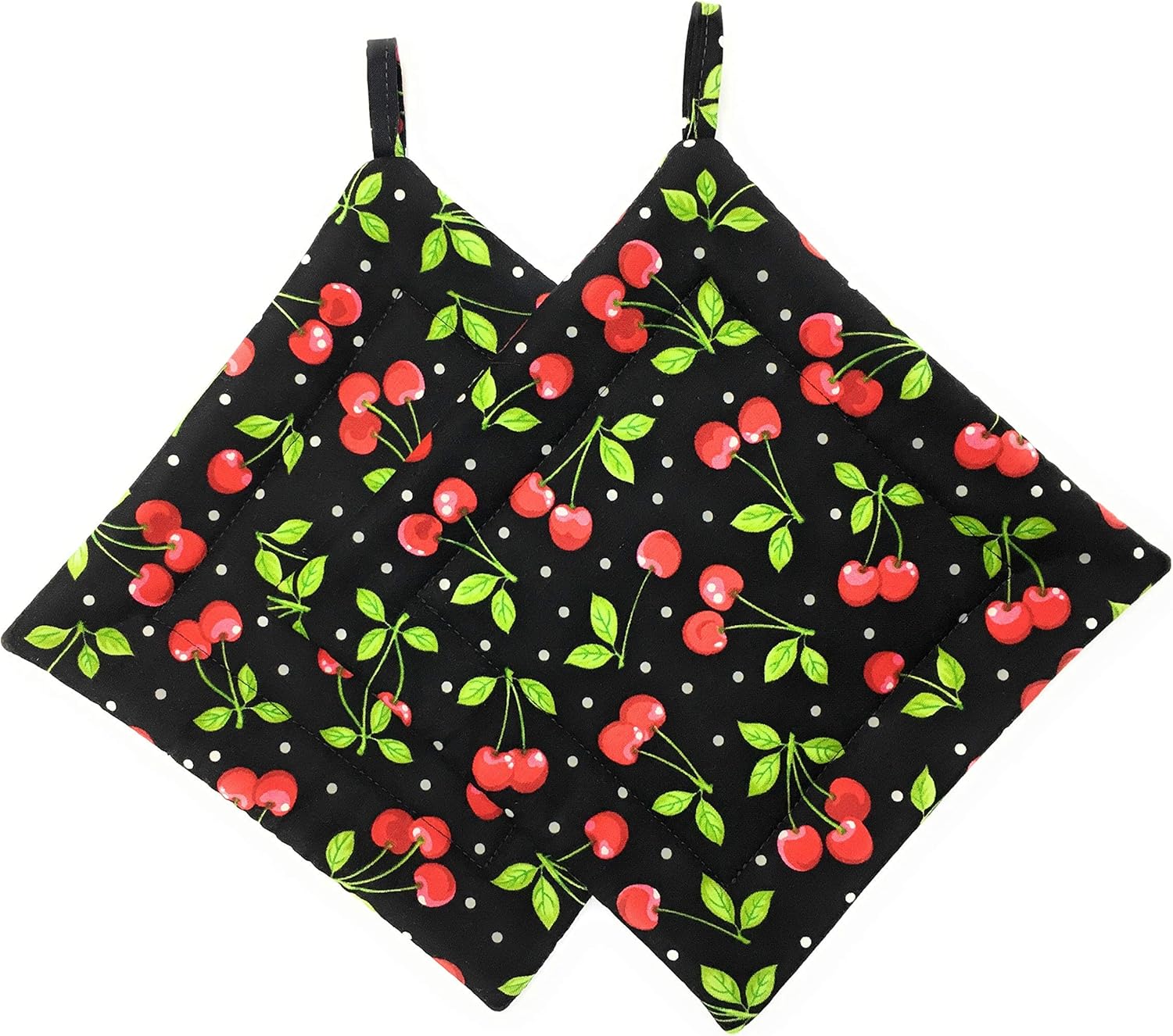 Cherry Cherries with Green Leaves on Black Ties On Stays Put Kitchen Hanging Loop Hand Dish Towel and Set of 2 Square Hot Pad Pot Plate Holders Trivets Hostess Housewarming Gift