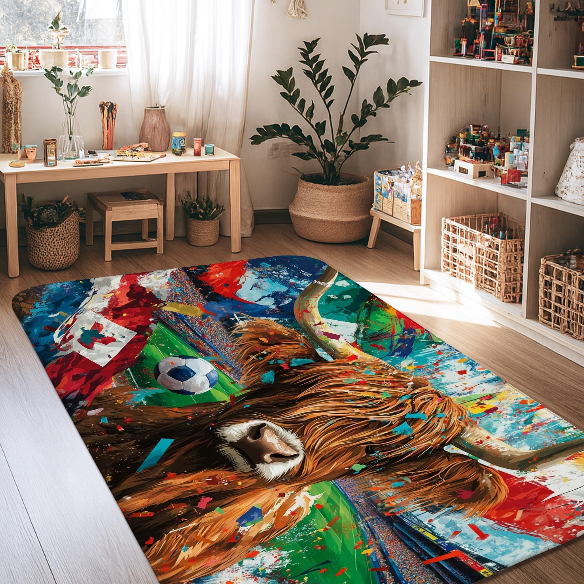 Tapis vache des Highlands anti-perte pour un salon propre et coloré