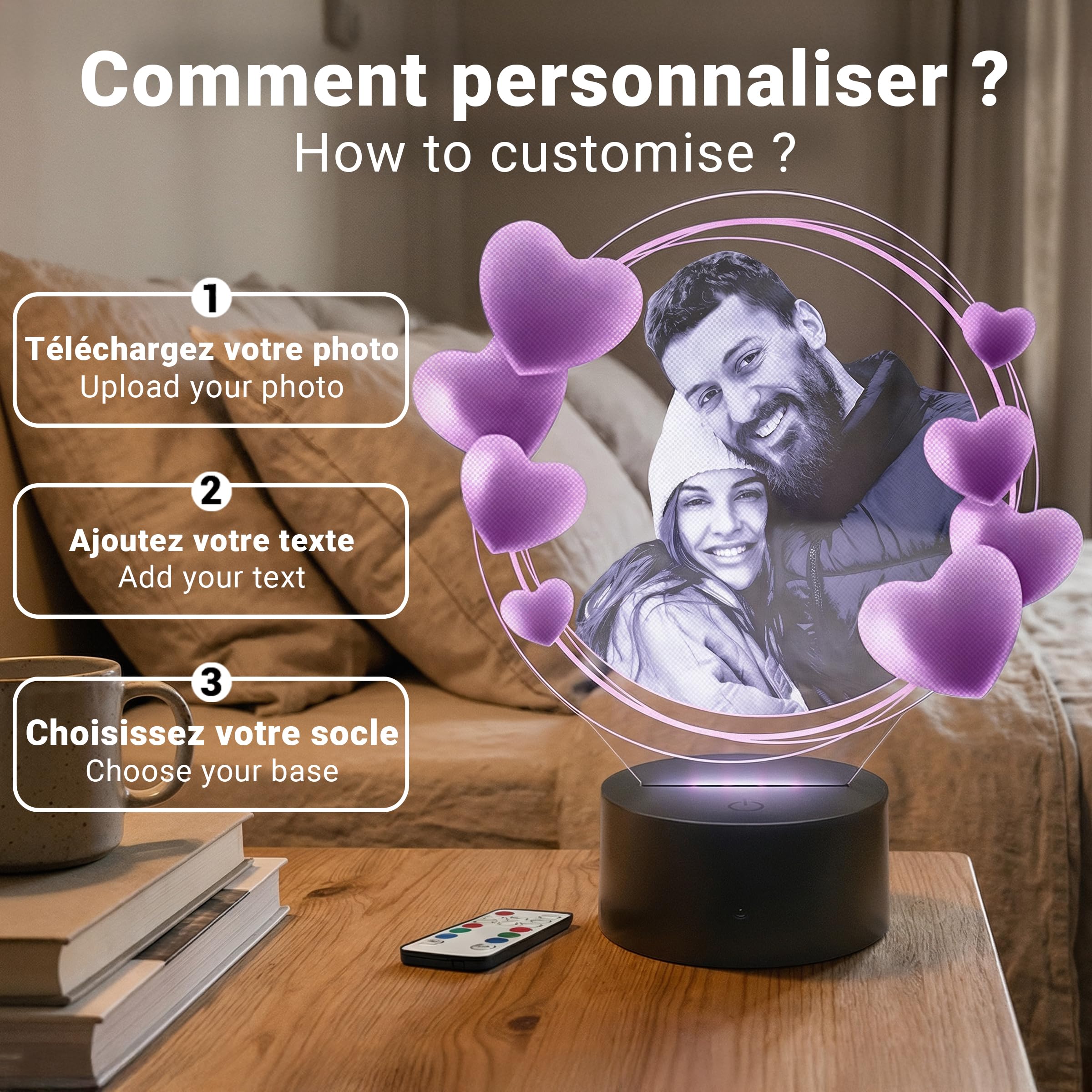 Lampephoto.fr Nouveau Lampe Bicolore, Lampe photo Personnalisée, idée cadeau Femme, Cadeau Fête des Mères, Saint Valentin, cadeau personnalisé Maman, Gravure laser, Noel, Anniversaire pour elle