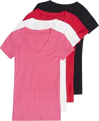 4 Pack Zenana Womens Basic V-Neck T-Shirts Med Black, White, Red, Fuchsia
