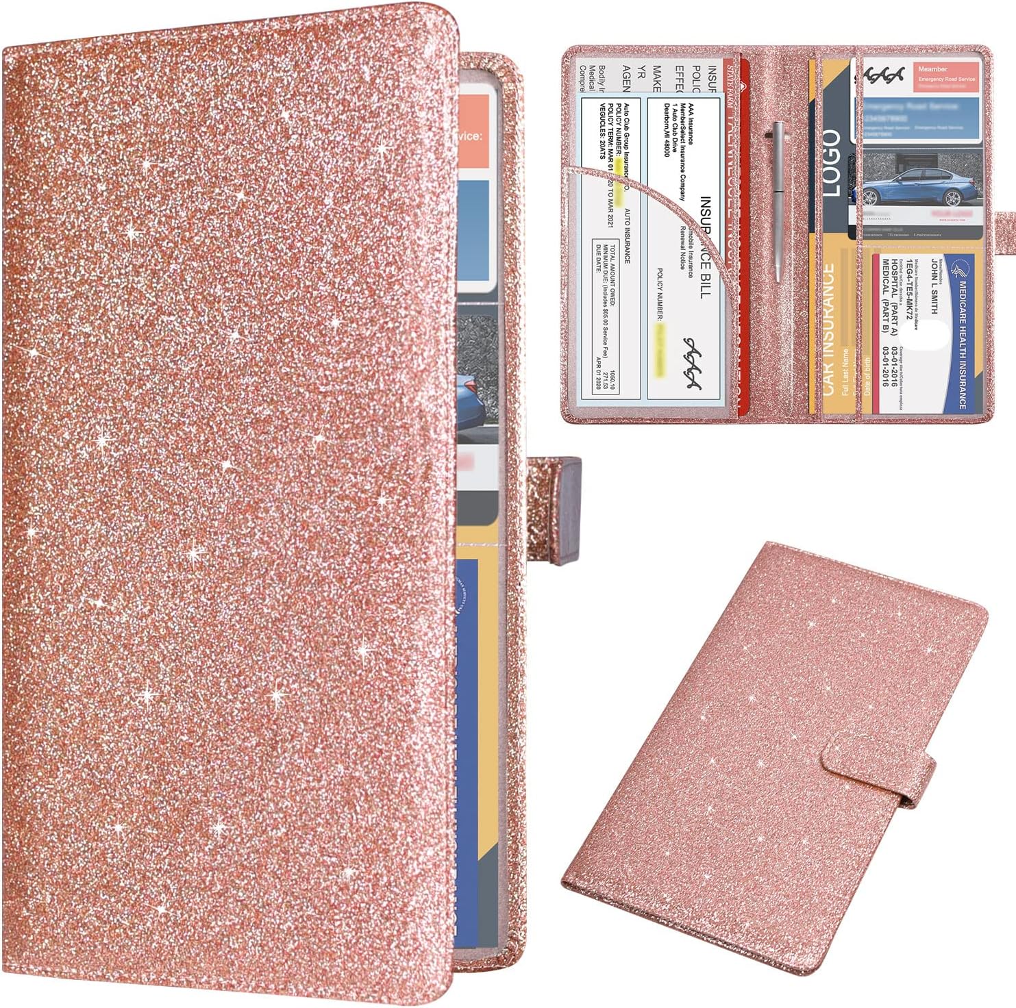 Leather Car Registration and Insurance Document Holder – Glitter Rose