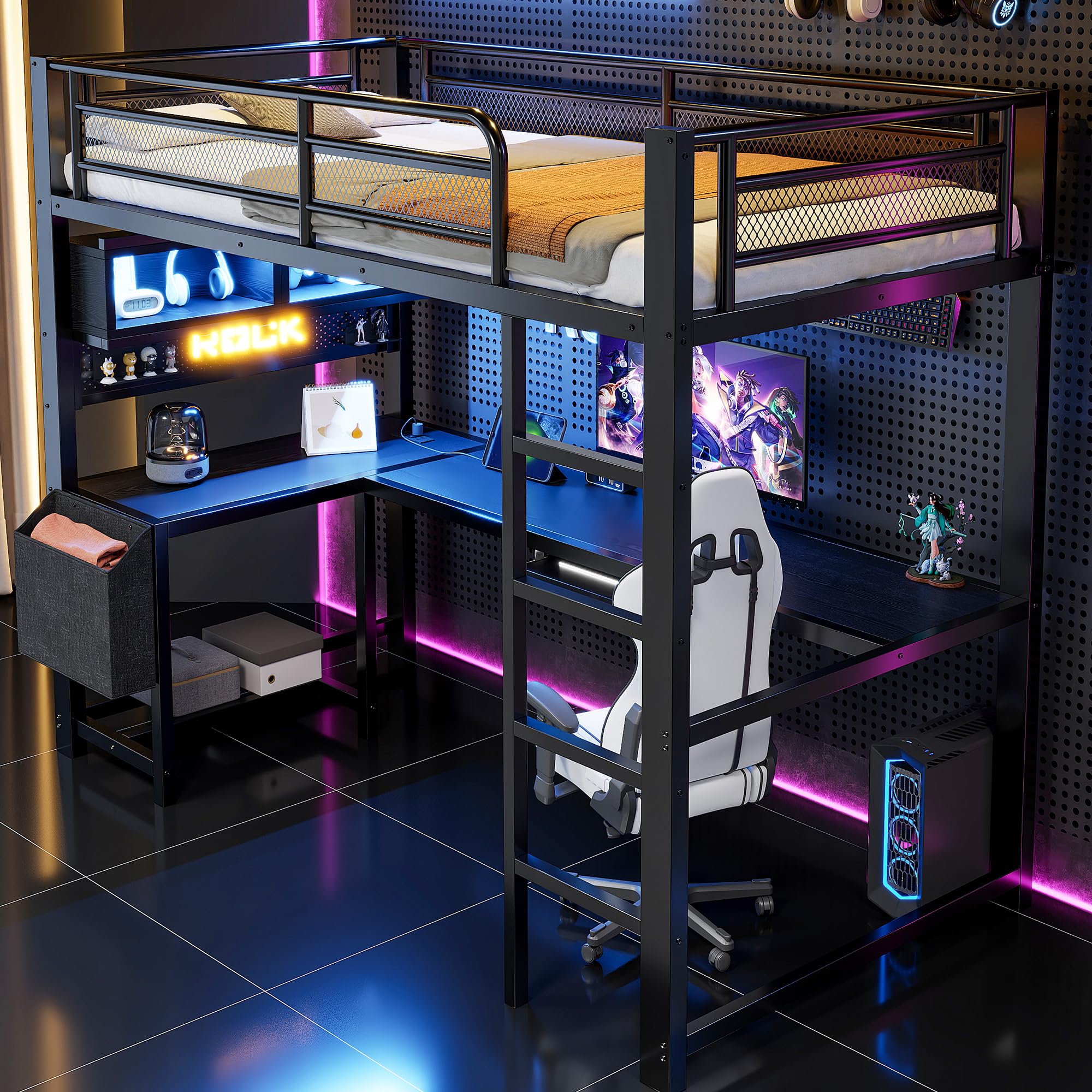 Letto a soppalco da gaming, 90 x 200 cm, bianco, con LED, scomparti portaoggetti e stazione di ricarica, nero