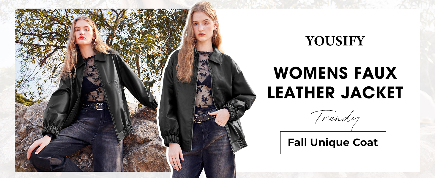 Yousify Womens Leather Jacket Long Sleeve Lapel Casual Fashion
