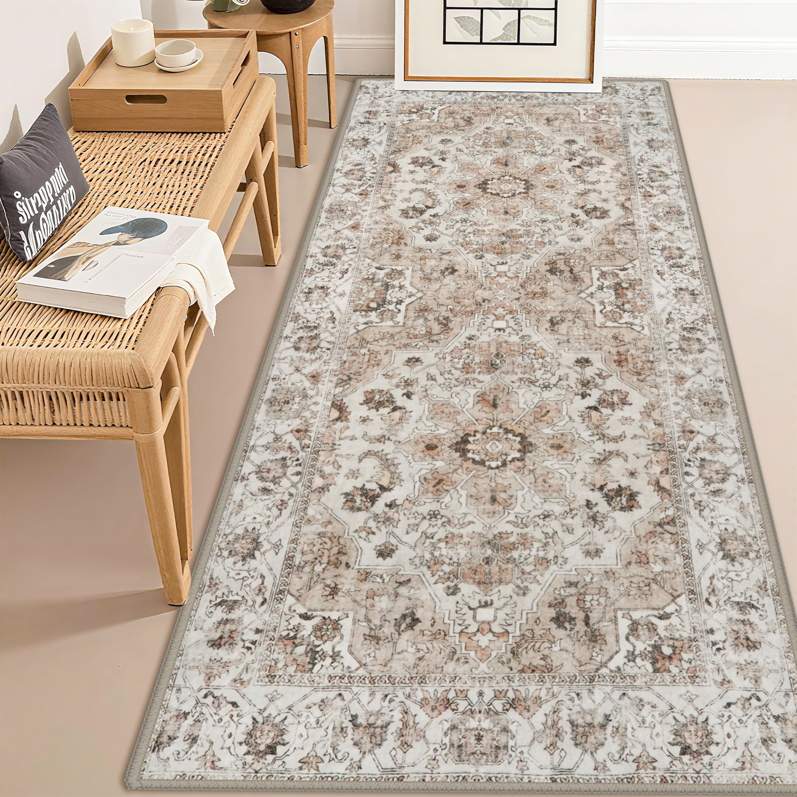 Washable Hallway Runner Rug 3x6: Non Slip Runner Rugs with Rubber Backing Soft Kitchen Rug Farmhouse Distressed Carpet Runner for Living Room Bedroom Bathroom (Beige, 3X6)