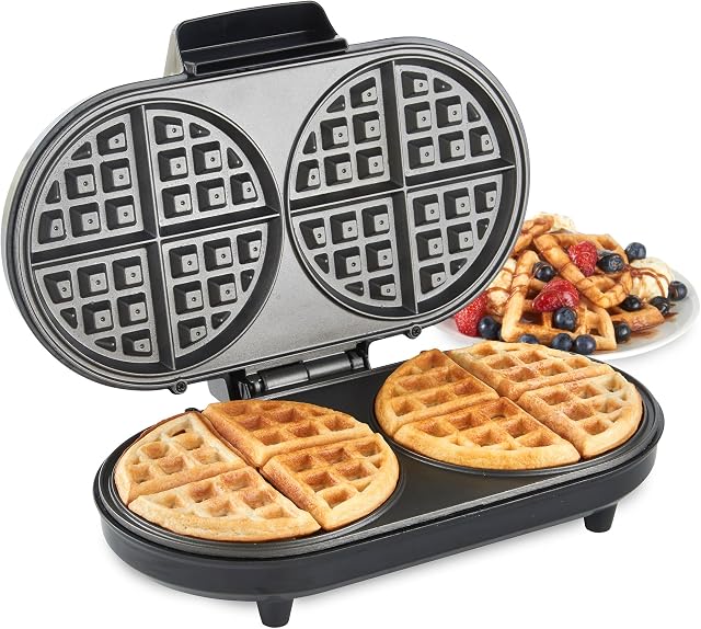 VonShef Waffle Maker  Waffle Iron with Non Stick Plates, 1200W, Double Belgian & American Waffle Machine, Savoury Snacks & Desserts, Auto Temperature Control, Cool Touch Handle  Silver