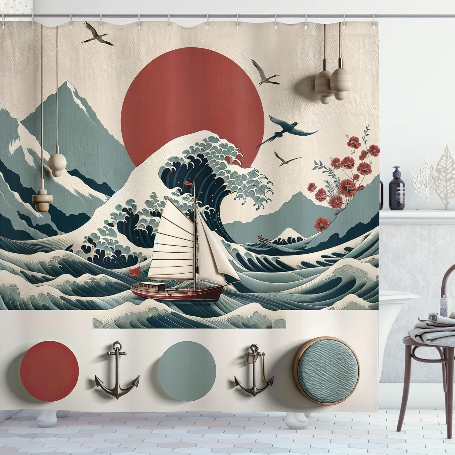 Ambesonne Nautical Shower Curtain, Japanese Wave with Sun Sakura Branches and Anchors Marine Artwork, Cloth Fabric Bathroom Decor Set with Hooks, 69" W x 84" L, Pale Ruby and Cadet Blue
