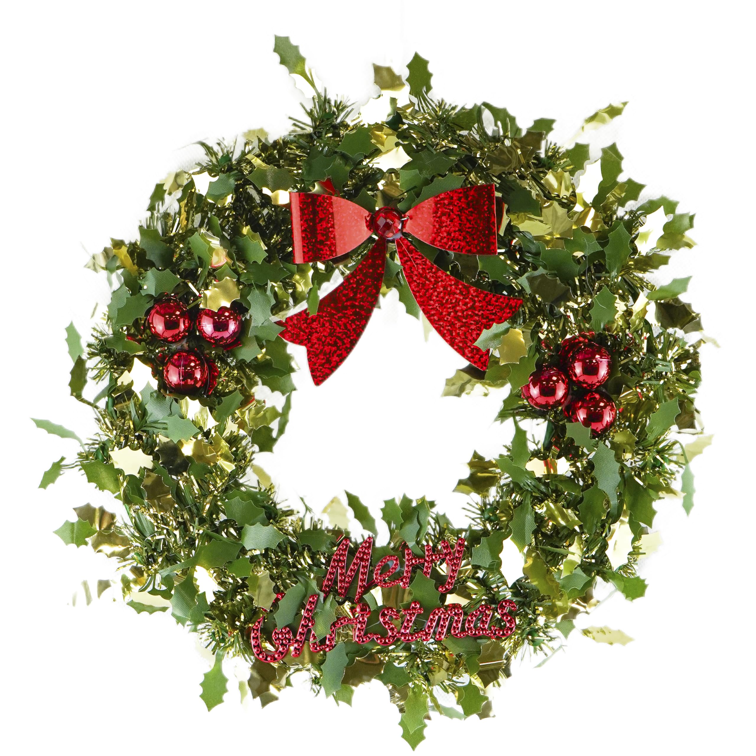 Green/Gold Christmas Door Wreath 21cm - Indoor Holly Wreath with Bow Ornaments, Christmas Holiday Wreath for Door Wall Home, Tinsel Wreaths for Indoor Use