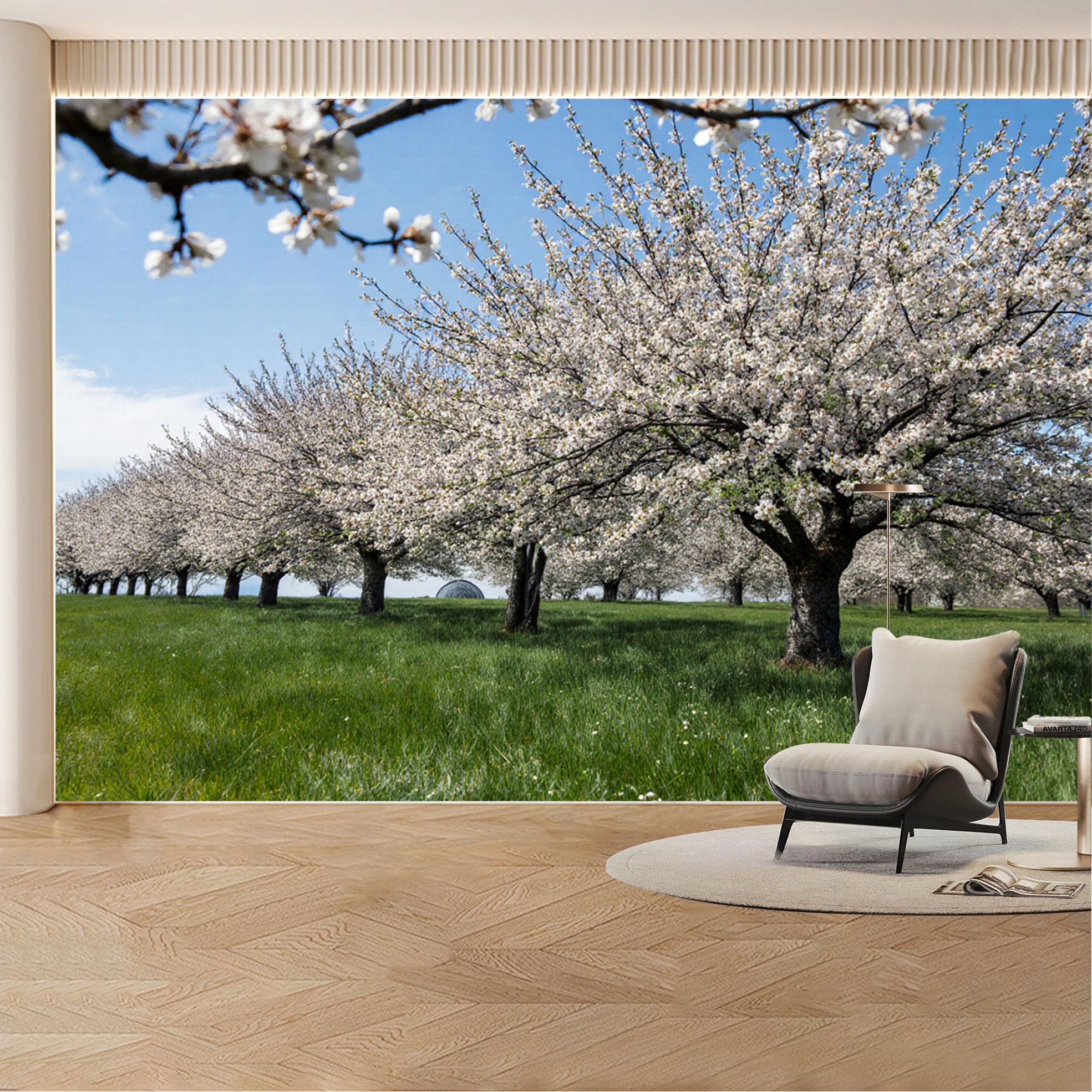 Custom Wall Mural Wallpaper Blooming Cherry Blossom Trees Landscape Nature Large Wall Art Mural Design Spring Serenity for Living Room， Bedroom， Office