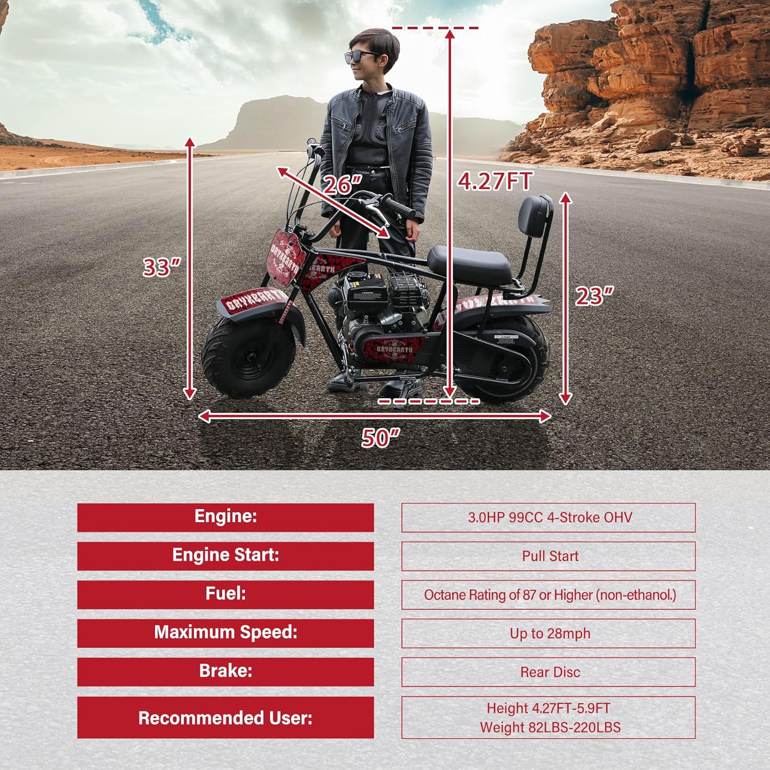 Diagram showing the dimensions of the Oryxearth Mini Dirt Bike, including height, length, and seat height.