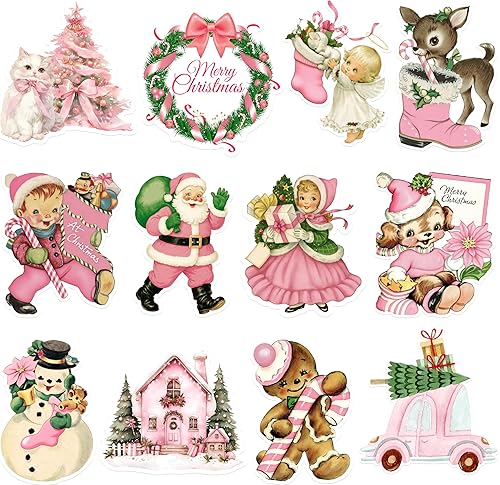 12 recortes de Navidad vintage rosados de doble cara retro Papá Noel muñeco de nieve recortes estilo victoriano Navidad invierno vacaciones