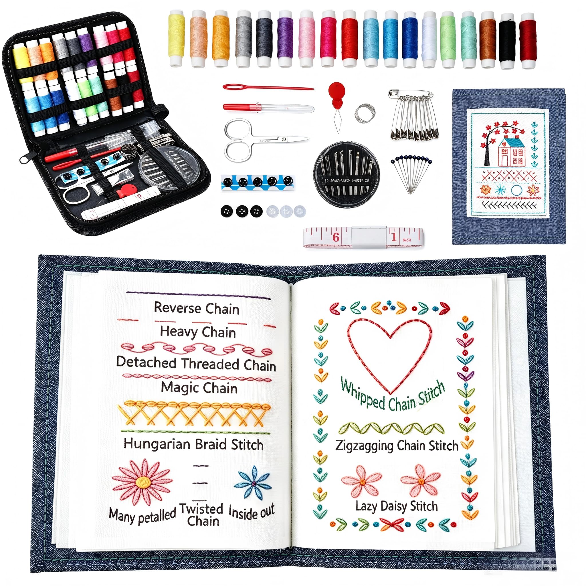 Embroidery Stitch Book Kit Thread Spools, Needles, Scissors, Zipper Case DIY Embroiderer Kit with Embroiderer Guide, Calm Stitch Embroidered Book Perfect for Craft Lovers