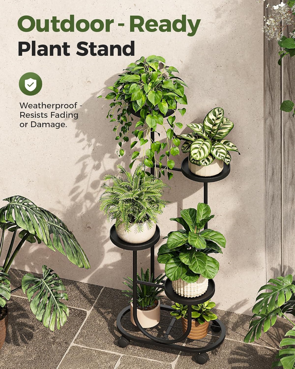 Bamworld Tall Plant Stand Indoor Outdoor Plant Stand with Wheels Heavy Duty Metal Plant Shelf for Multiple Plants Flower Stands for Patio Corner Garden Living Room Balcony, Black