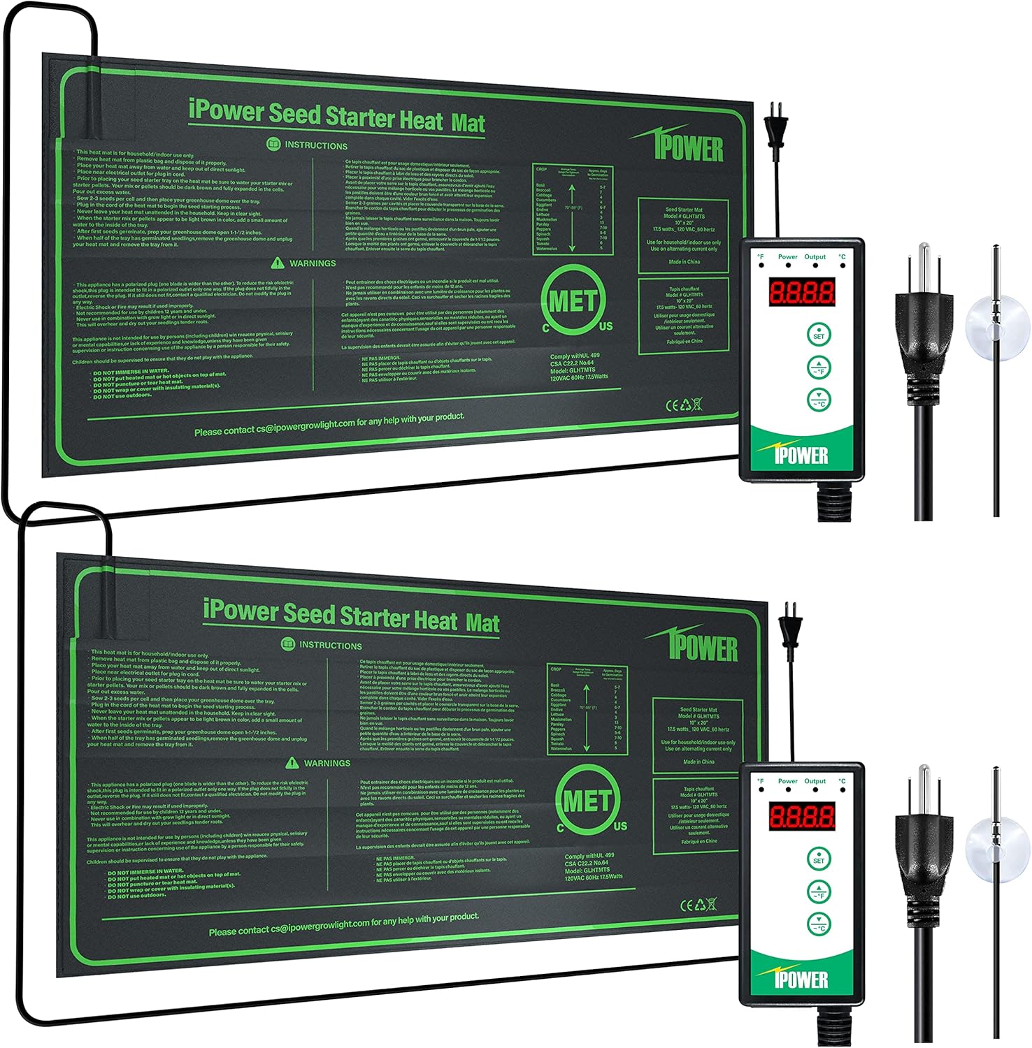 iPower GLHTMTCTRLV2HTMTSX2 2-Pack 40-108 Degrees Fahrenheit Digital Heat Mat 10" x 20" Seeding Warm Hydroponic Pad, 1020+Thermostat (x2), 1020 with Controller