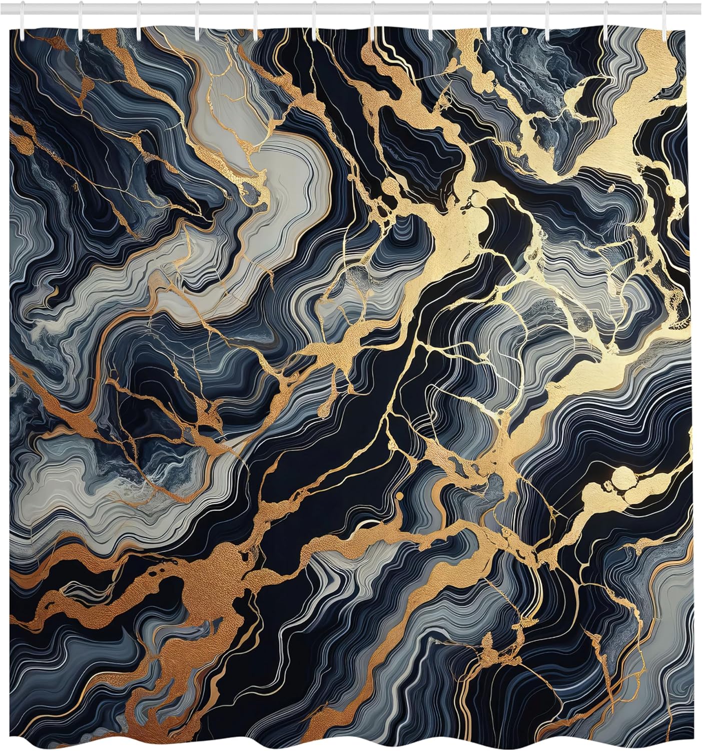 Ambesonne Navy Blue Shower Curtain, Marble Effect with Golden Yellow Lines Modern Abstract Painting Print, Cloth Fabric Bathroom Decor Set with Hooks, 69" W x 84" L, Slate Blue Grey Ginger