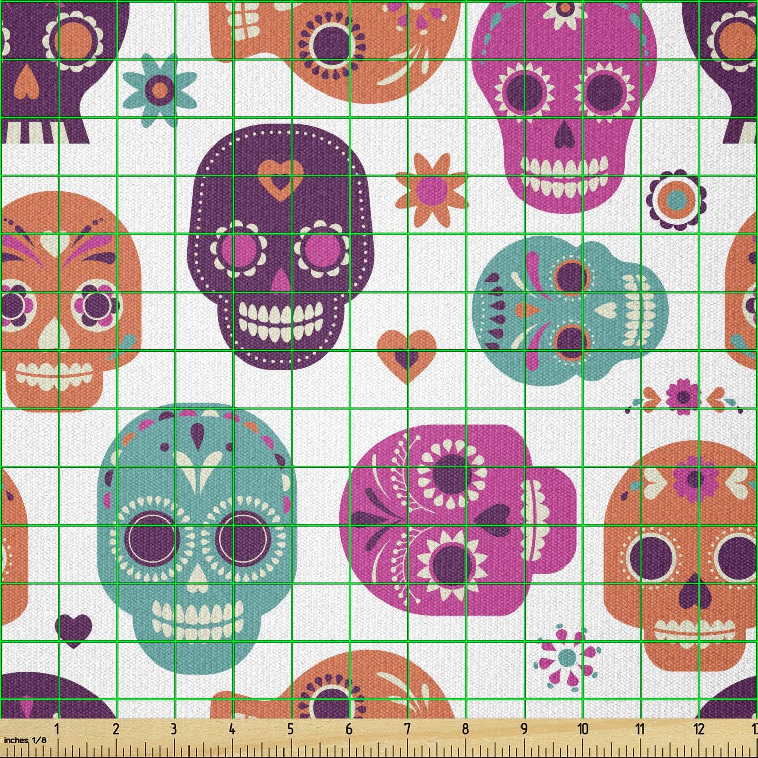 Lunarable Day of The Dead Fabric by The Yard, Dia de Los Muertos Skull Floral Style Design Print, Stretch Knit Fabric for Clothing Sewing and Arts Crafts, 5 Yards, Orange Seafoam