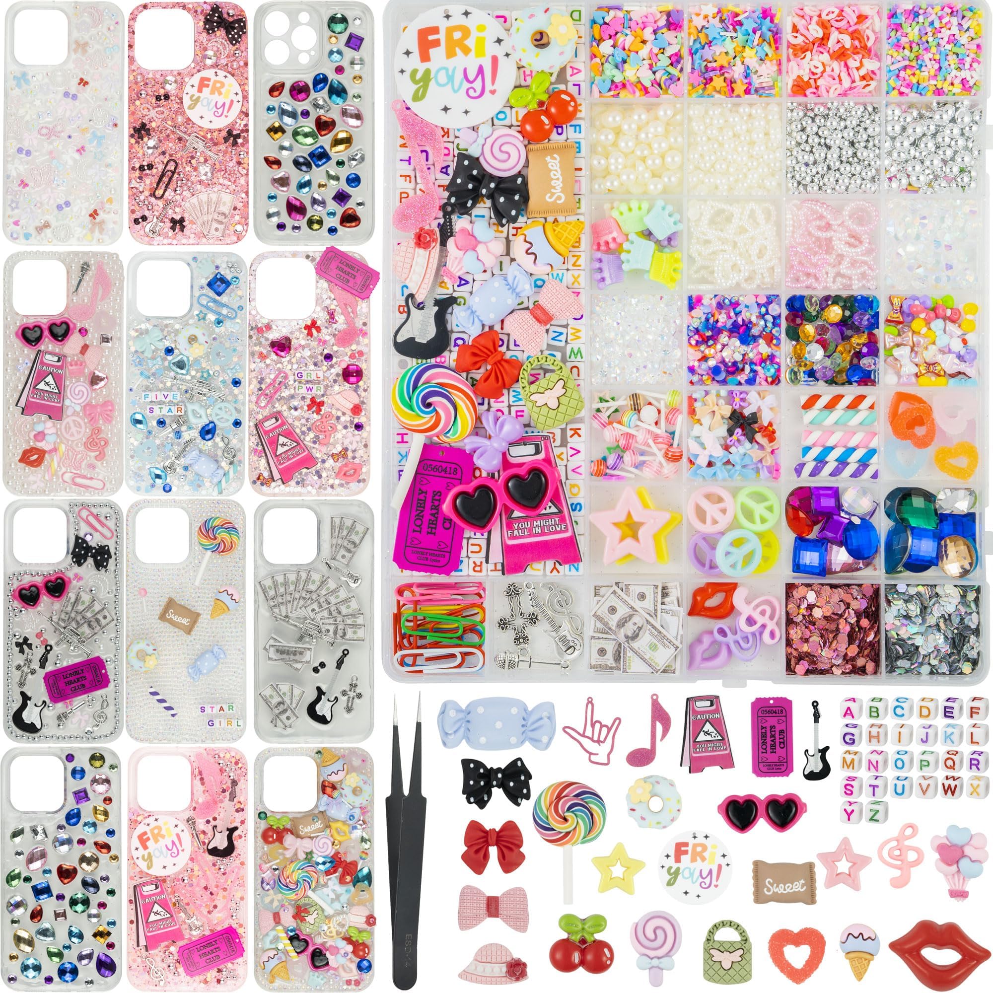 2250 Pcs Junk Phone Case Charms Kit, Charms for Customizing Cases, Kawaii Bow, Letter Beads, Nail Accessories, Flatback Pearls, Rhinestones, Cute Aesthetic Decor for Personalization