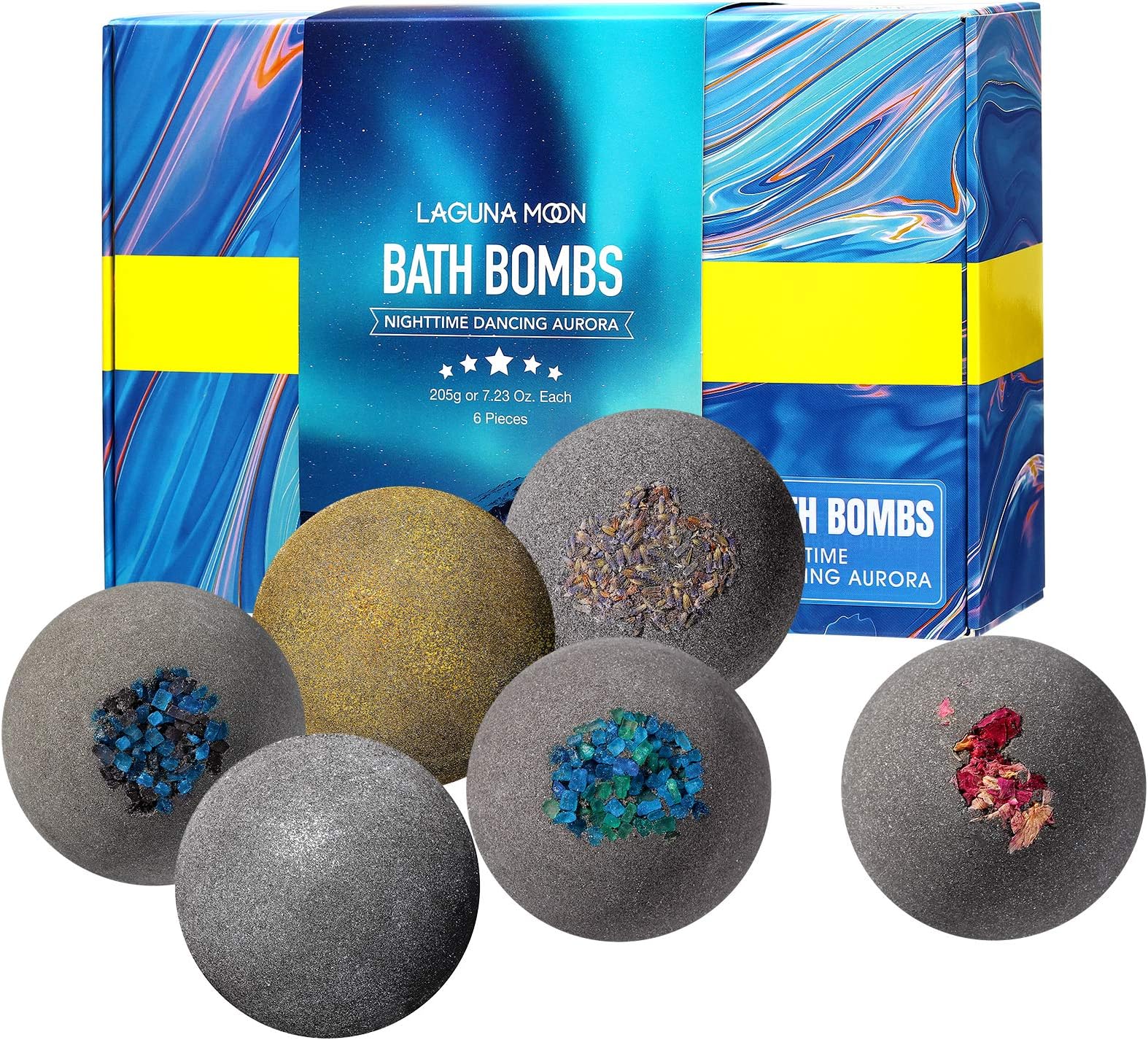 Lagunamoon Bath Bombs Gift Set for Women, 6 Packs Nighttime Dancing Aurora Bath Bomb with Pure Natural Essential Oil, Moisturize and Soften Skin, Handmade Bath Bombs for Kids, Women, Men on Holidays