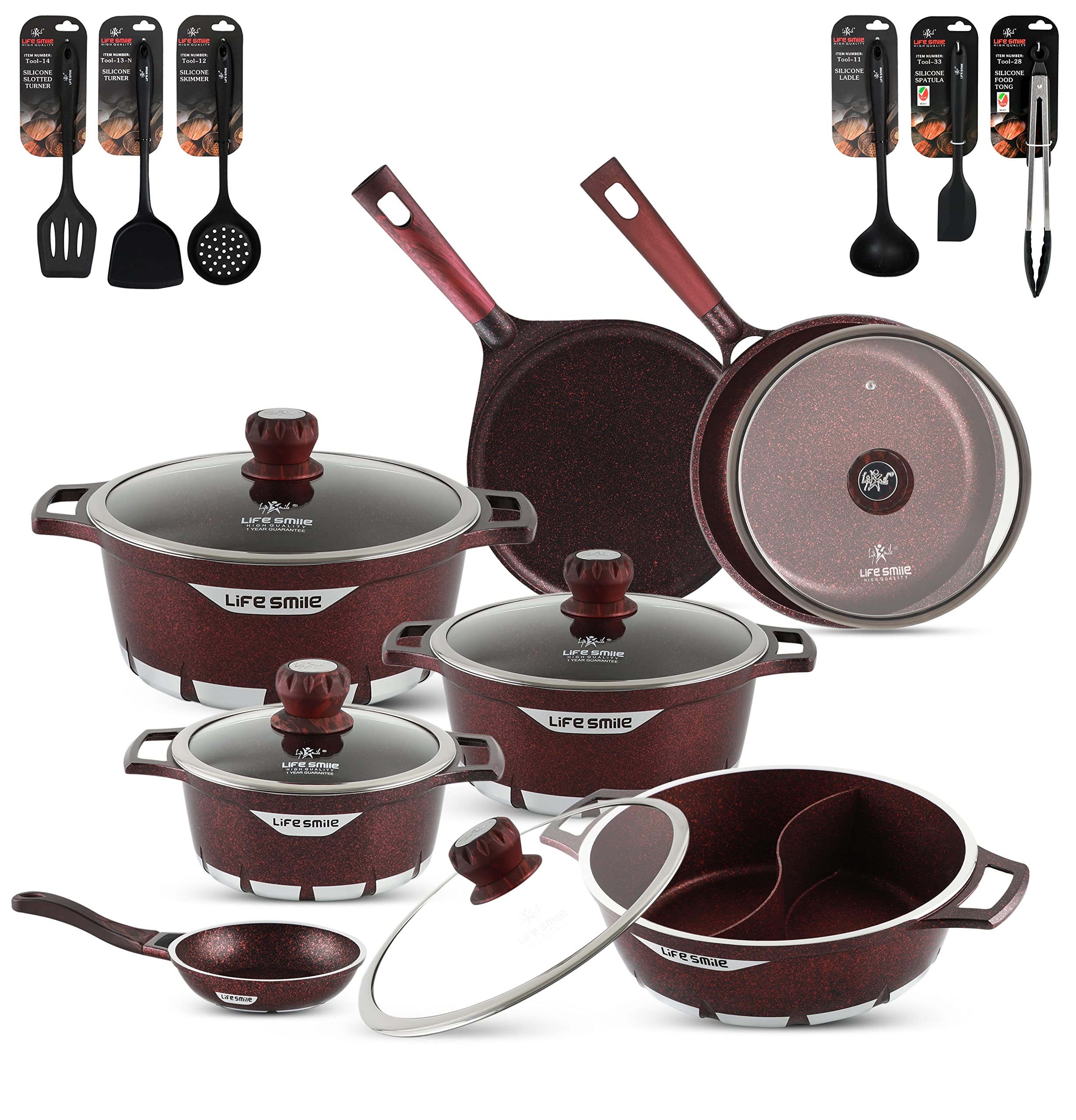 LIFE SMILECookware Set Granite Stone - Pots and Pans set Multi Layer Granite Non Stick Coating Cookware Sets 100% PFOA FREE, Kitchenware Cooking Sets and Frying Pans (Red (18 Pieces))