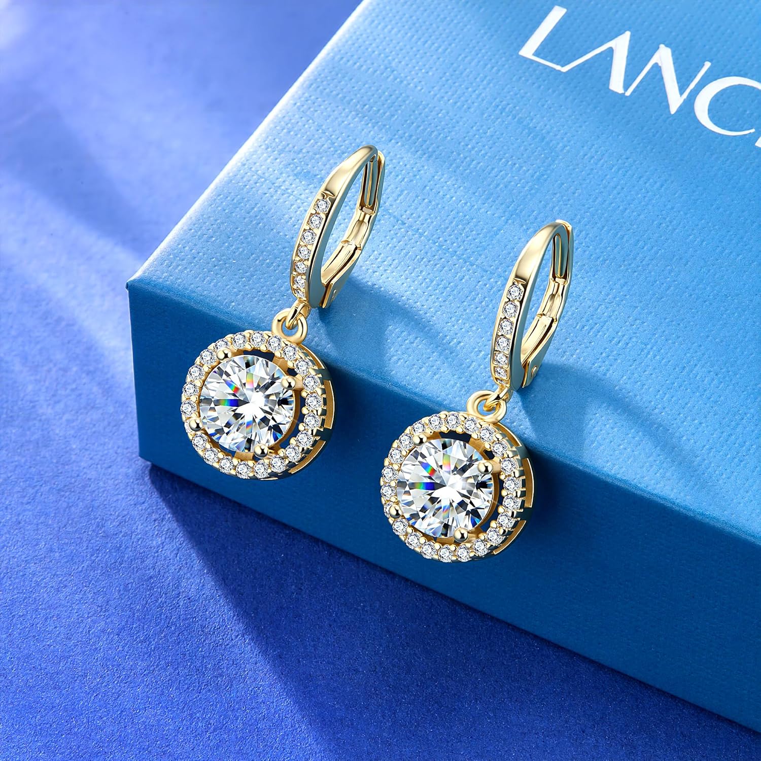 Moissanite Earrings, Hypoallergenic 925 Sterling Silver Dangle Earrings 2.0ct (1.0ct*2) Round Cut Lab Created D Color Moissanite Gold Hoop Drop Earring for Women