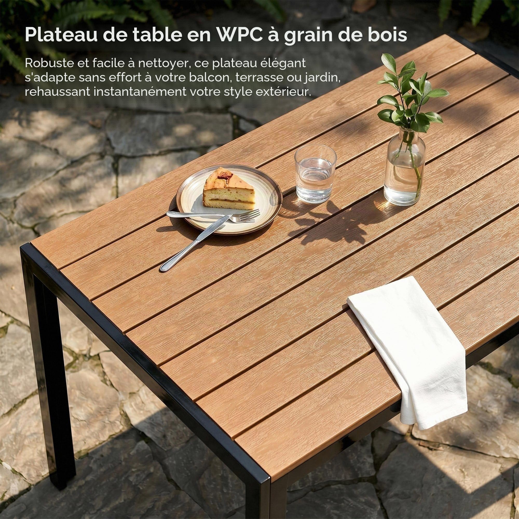 LIFERUN Table de Jardin 110x70 cm WPC pour 4-6 Personnes avec Cadre en Aluminium Brun Teck