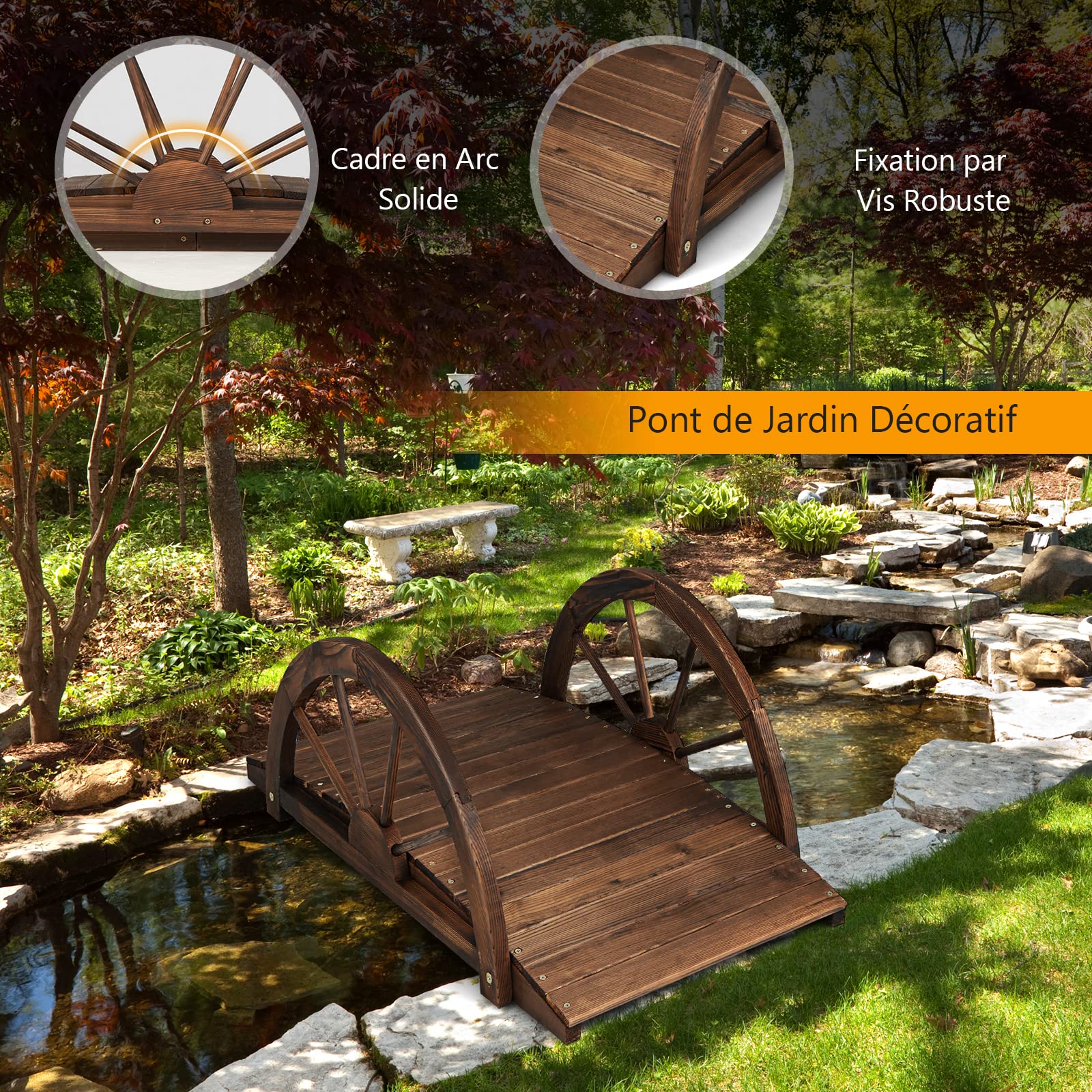 RELAX4LIFE Puente de jardín de Madera con barandilla de Media Rueda de Carga 150 kg, Cubierta de Estanque Resistente, decoración de jardín para Patio Trasero Granja jardín, marrón