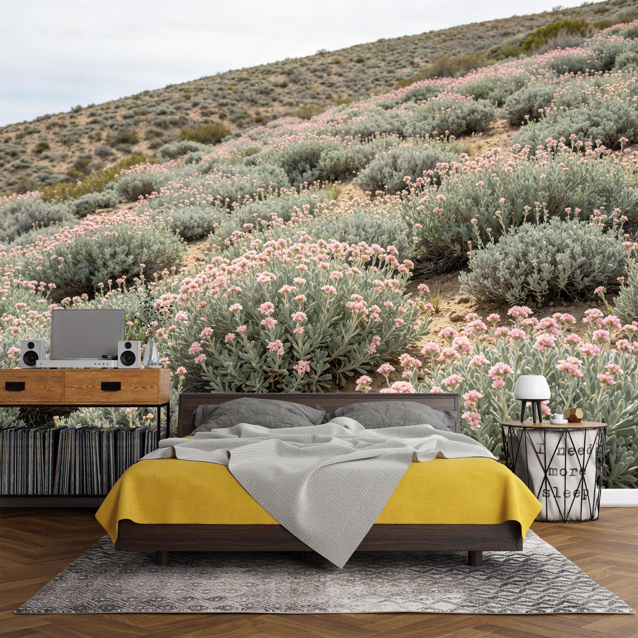 Custom Size Wall Mural， Botanical Desert Hill Pink Wildflower Landscape Nature Scenery， SelfAdhesive Art Prints wall Fabric (No PVC) Removable Wallpaper Living Room Decor