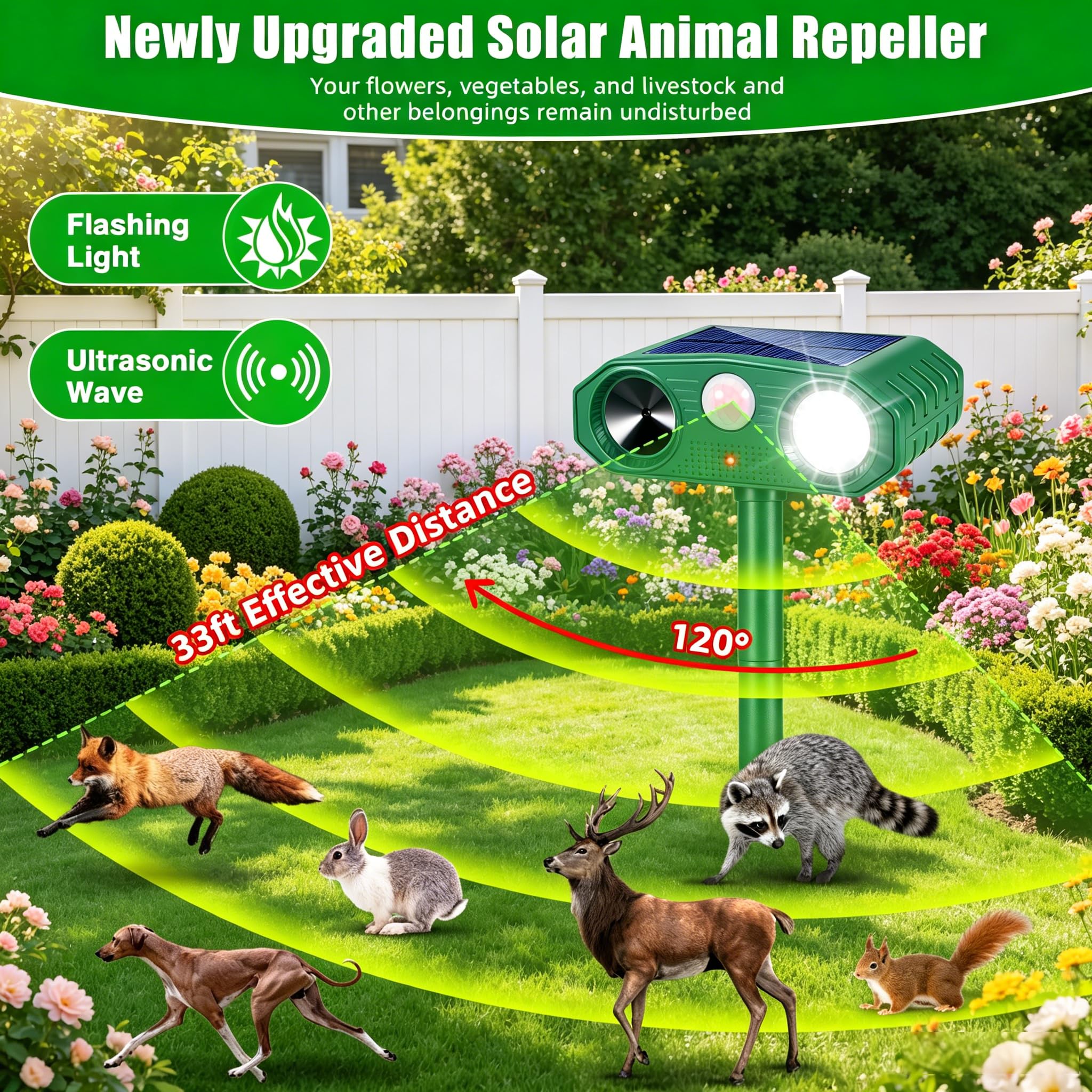 Repellente solare per animali all'aperto, repellente per gatti all'aperto, USB e frequenza regolabile, per cervi coyote, puzzole, procioni, volpi, deterrenti per animali leggeri, con sensore di