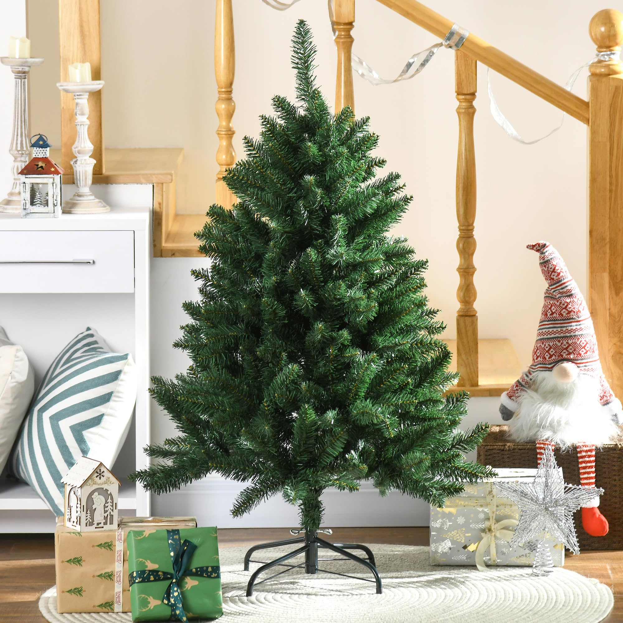 HOMCOM Sapin de Noël Artificiel 120H cm Pied Croix Acier Amovible Vert