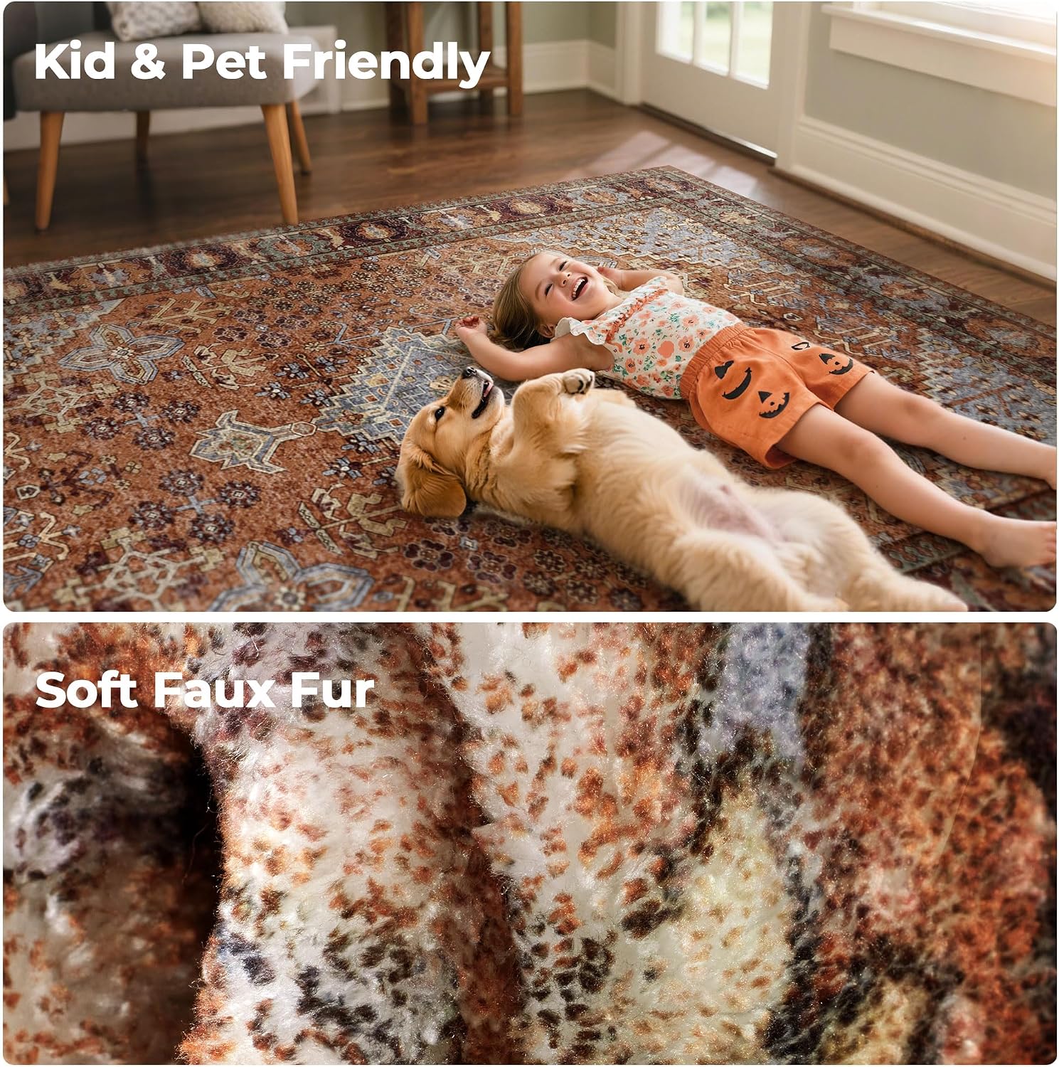 4x6 Area Rugs for Living Room, Stain Resistant Machine Washable Rug, Non Slip Backing Boho Rugs for Bedroom, Printed Soft Vintage Carpet Sienna Brown 4 x 6