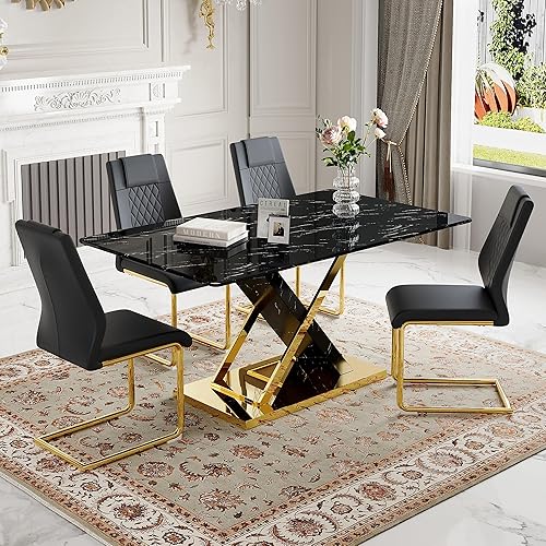 Miniatura 30 de Juego de mesa de comedor de mármol para mesa rectangular blanca de 6.63 pulgadas con marco de metal plateado en forma de X y 6 sillas de comedor de
