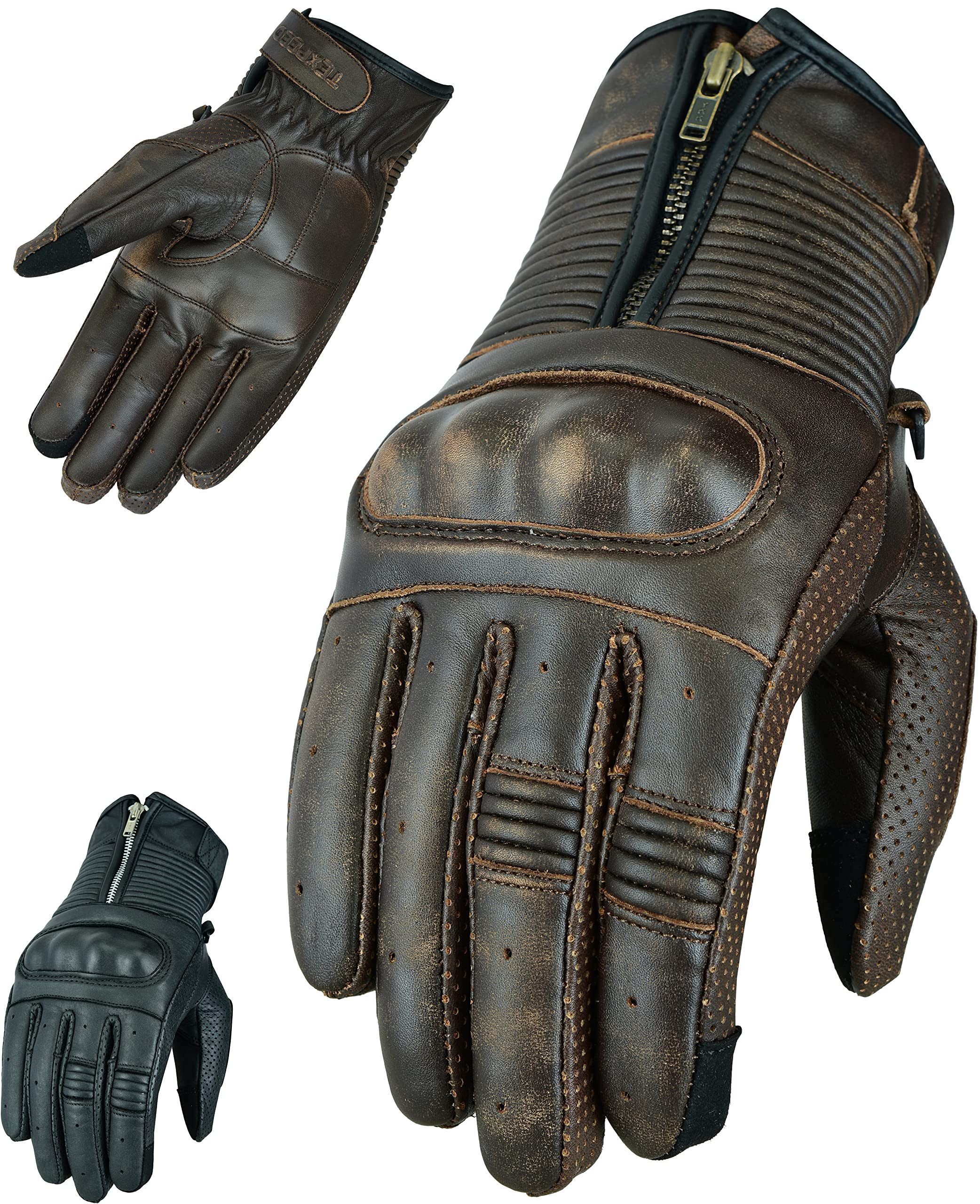 Texpeed Gants de Moto Homme en Cuir Véritable - Gants de Vélomoteur Zippés Pour Hommes Avec Armure CE - Hiver/été Marron - (S)