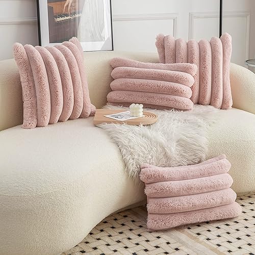 Miniatura 4 de Neelvin Juego de 2 fundas de almohada decorativas de piel sintética rosa de 12 x 20 pulgadas, fundas de almohada de terciopelo para sofá