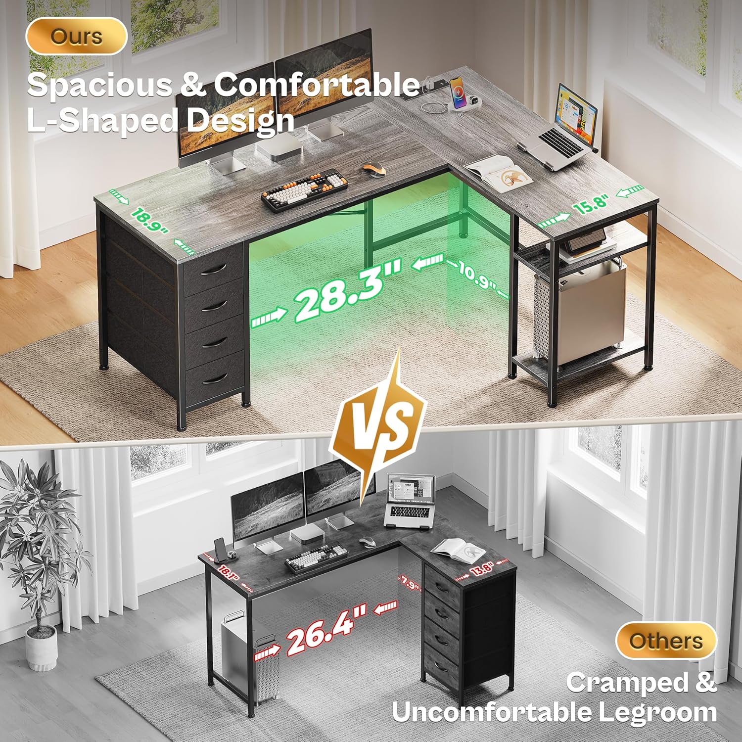 Comparison of spacious legroom on Huuger desk versus a cramped alternative