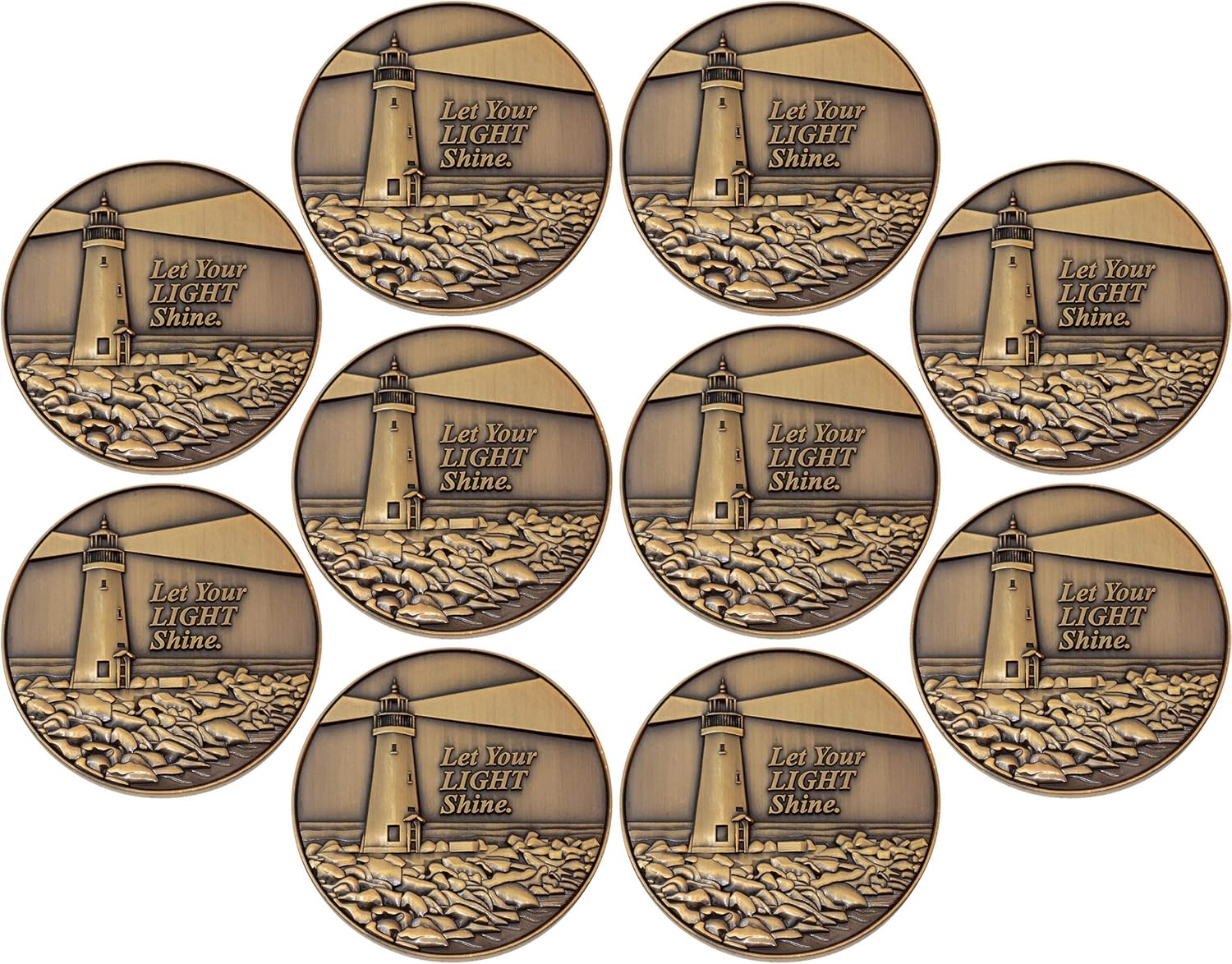 Let Your Light Shine, Bulk Pack of 10 Christian Challenge Coins, Pass Along Pocket Token of Encouragement, Handout for Bible Study, Antique Gold-Color Plated Matthew 5:16 Gift for Bible Study